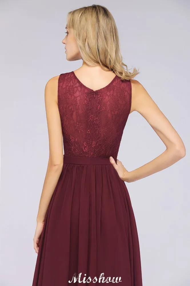 Ruffle A-Line Floor-Length Bridesmaid Dress Chiffon Lace V-Neck Evening Dress