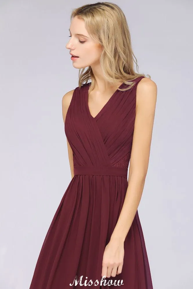 Ruffle A-Line Floor-Length Bridesmaid Dress Chiffon Lace V-Neck Evening Dress