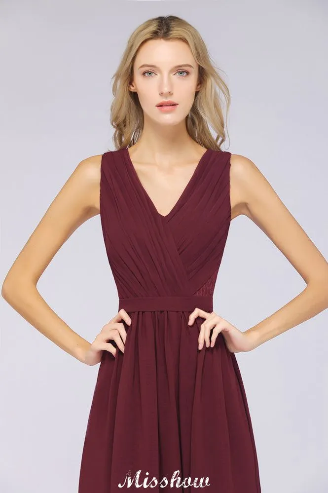Ruffle A-Line Floor-Length Bridesmaid Dress Chiffon Lace V-Neck Evening Dress