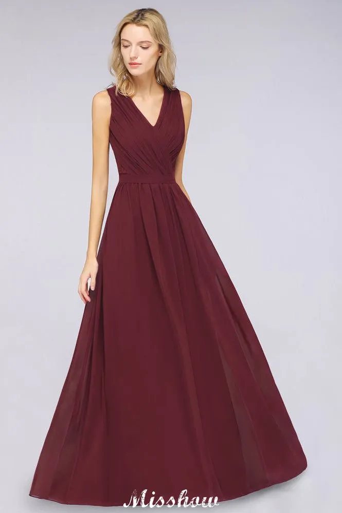 Ruffle A-Line Floor-Length Bridesmaid Dress Chiffon Lace V-Neck Evening Dress