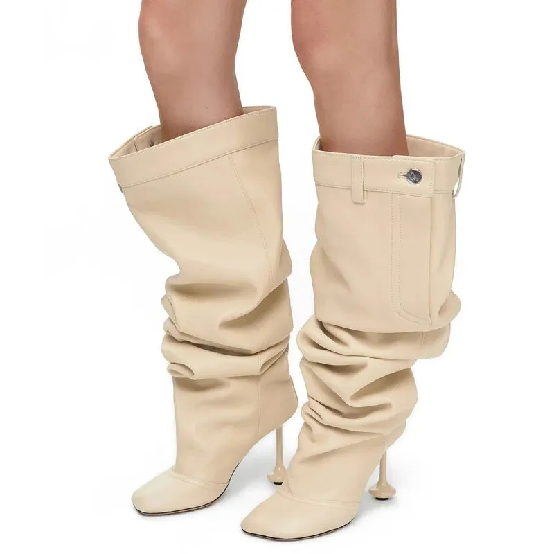 Trend4us Women's Wide Fit High-Heel Slouch Boots