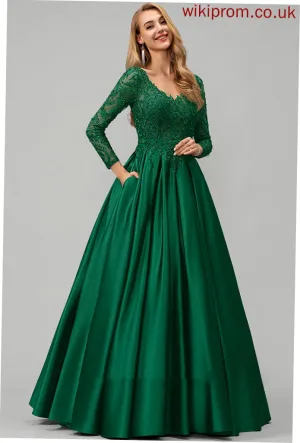 With Beading V-neck Sequins Ball-Gown/Princess Floor-Length Satin Adrienne Prom Dresses