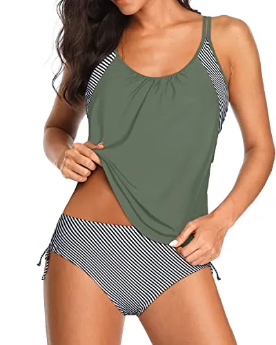 Women's Double Up Swimwear 2 Piece Blouson Tankini-Army Green