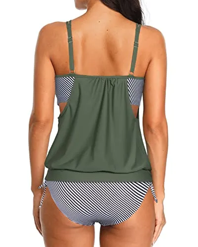 Women's Double Up Swimwear 2 Piece Blouson Tankini-Army Green